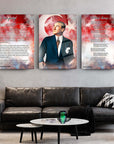 Three glass wall art pieces featuring Atatürk with patriotic background and inspiring texts, displayed in a modern living room.