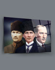 Atatürk 121 Cam Tablo, üçlü portre design with high-quality tempered glass and UV printing for decor.