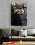 Atatürk 129 Cam Tablo in a stylish living room setting, showcasing a high-quality UV print on durable glass.