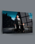 Atatürk 130 Cam Tablo featuring a historical scene with a man in a suit and a child against a winter backdrop.