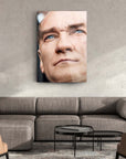 Atatürk 131 Cam Tablo on wall above modern gray sofa, showcasing fine art with UV printing on high-quality glass.