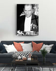Elegant living room featuring a striking black and white portrait artwork above a modern sofa.