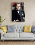 Atatürk 134 Cam Tablo showcasing a colored portrait of a distinguished man in formal attire on a modern living room wall.
