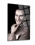 Atatürk 137 Cam Tablo featuring a stylish man with a confident smile on a sleek glass surface.