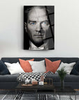 Atatürk 141 Cam Tablo on a modern living room wall, showcasing a stunning portrait with striking blue eyes.