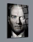 Atatürk 141 Cam Tablo with UV printing on high-quality 4mm tempered glass, showcasing a stunning portrait.