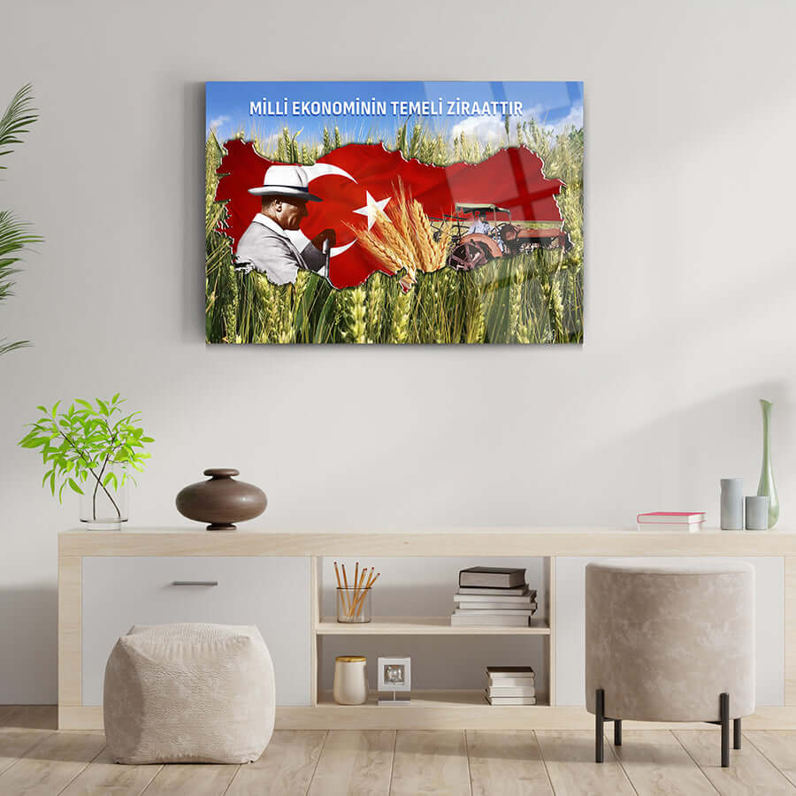 Atatürk 146 Cam Tablo: Türk bayrağı ve tarım temalı çerçeve, modern ev dekoru için şık tasarım.