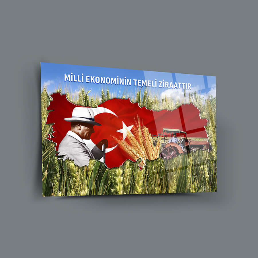 Atatürk 146 Cam Tablo with Turkish flag and wheat field design, emphasizing agriculture's role in national economy.