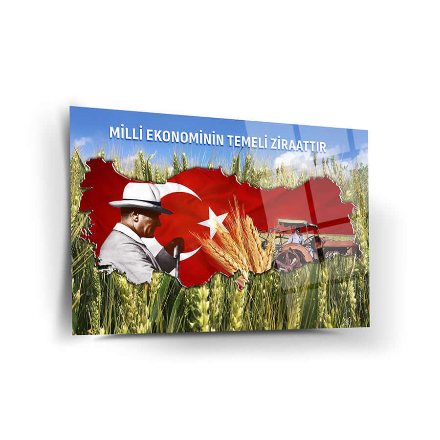 Atatürk-themed glass tableau featuring Turkish flag and agricultural imagery in vibrant colors.