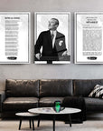 Atatürk-themed wall art set featuring framed documents in living room setting, showcasing Turkish independence and youth address.