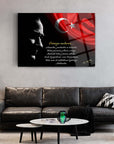 Atatürk 147 Cam Tablo featuring a stylized portrait and Turkish flag, perfect for modern home decor.