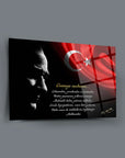 Atatürk 147 Cam Tablo with Turkish flag and inspirational quote, high-quality UV-printed on durable glass.