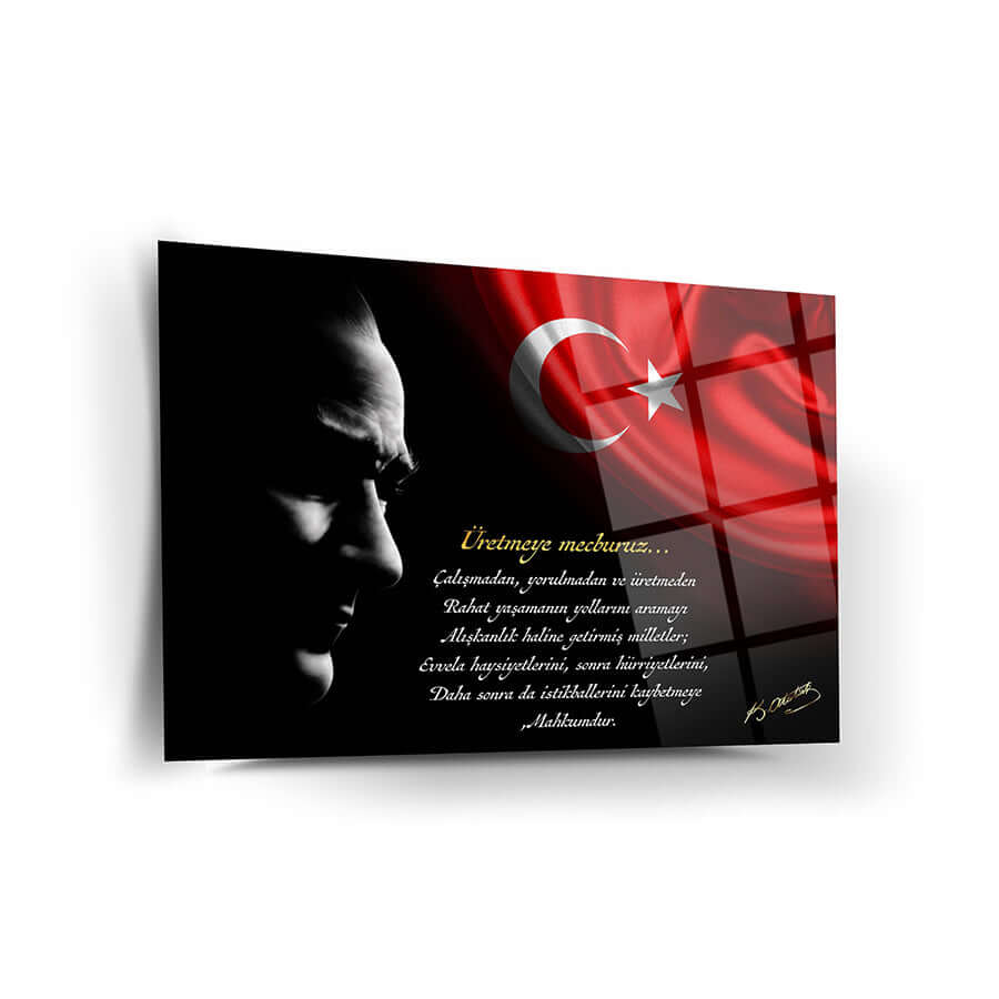 Atatürk 147 Cam Tablo with Turkish flag background and motivational quote, showcasing UV printing and high-quality tempered glass.