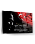 Atatürk 147 Cam Tablo with Turkish flag background and motivational quote, showcasing UV printing and high-quality tempered glass.