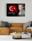 Atatürk 148 Cam Tablo on wall above modern sofa, featuring Turkish flag and motivational quote, designed for home decor.