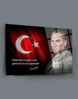 Atatürk 148 Cam Tablo with Turkish flag and inspirational quote, high-quality UV printed glass art.