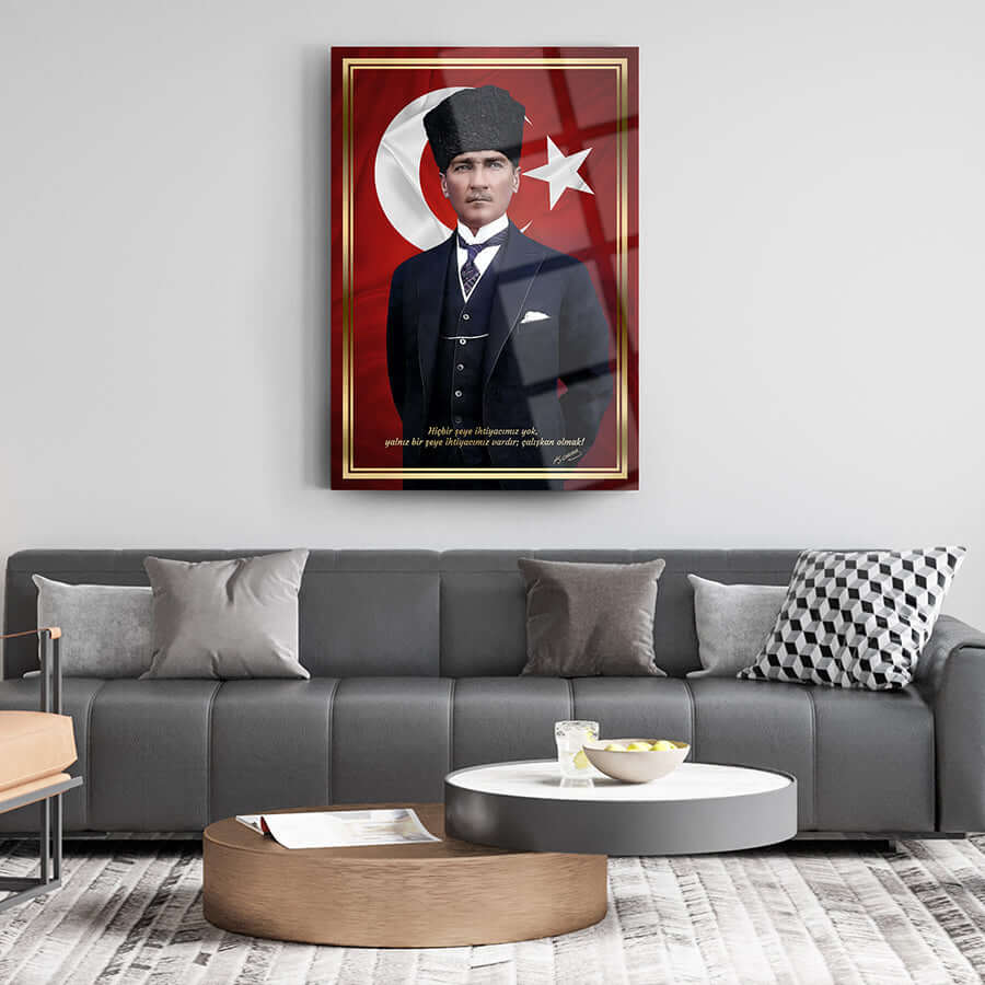 Stylish living room featuring Atatürk 149 Cam Tablo on the wall, showcasing modern decor and elegant furniture.