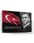 Atatürk 150 Cam Tablo with Turkish flag and inspiring quote, high-quality UV printed glass artwork.