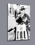Retro black and white art piece featuring a man painting on a canvas, showcasing vintage craftsmanship.