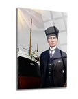 Atatürk and Bandırma ship art on glass; high-quality UV printed design, durable and stylish for home decor.