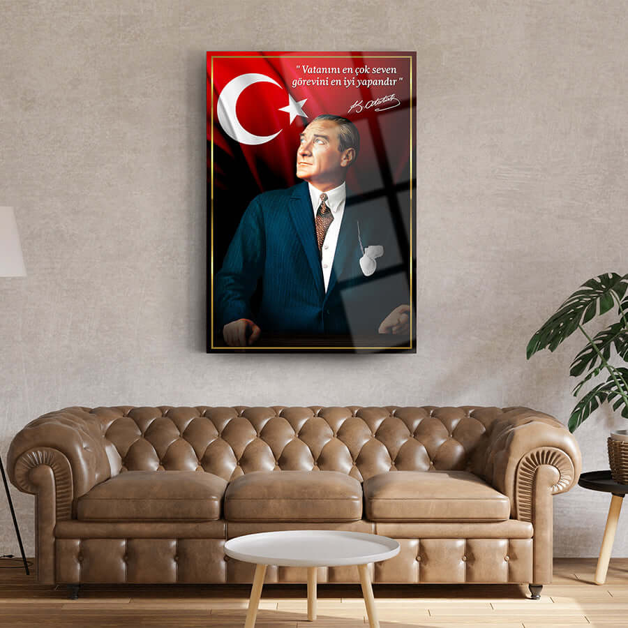 Modern Atatürk 155 Cam Tablo featuring UV print, showcasing rich colors and framed design for elegant decor.