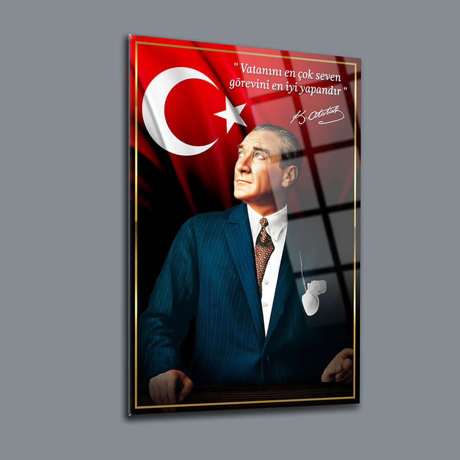 Atatürk 155 Cam Tablo with Turkish flag and inspiring quote on glass, showcasing unique UV printing design.
