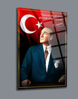 Atatürk 155 Cam Tablo with Turkish flag and inspiring quote on glass, showcasing unique UV printing design.