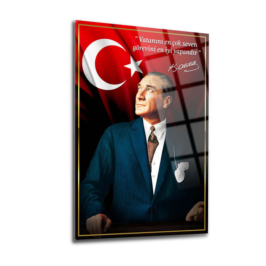 Atatürk 155 Cam Tablo featuring a portrait of Mustafa Kemal Atatürk with Turkish flag backdrop.