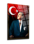 Atatürk 155 Cam Tablo featuring a portrait of Mustafa Kemal Atatürk with Turkish flag backdrop.