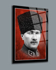 Framed glass artwork of a historical figure in a red background, showcasing high-quality temper glass design.