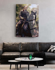 Atatürk mounted on a horse, displayed in a modern living room with a stylish couch and decor.