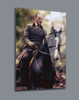 Atatürk riding a horse, high-quality 18mm glass wall art, UV printing, durable and stylish for home decor.