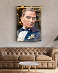 Elegant portrait of a man in a tuxedo framed on a wall above a stylish leather couch.