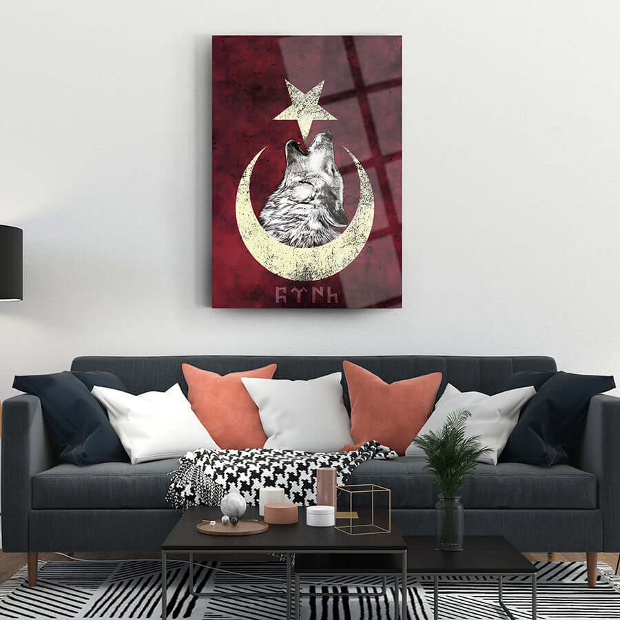 Bozkurt Ayyıldız 3 Cam Tablo, şık ve modern oturma odası dekorasyonu için ideal, kaliteli UV baskı ile tasarlanmıştır.