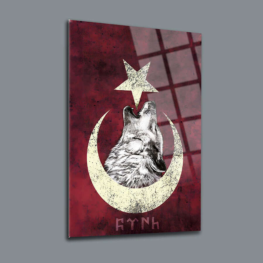 Bozkurt Ayyıldız 3 Cam Tablo featuring a wolf and crescent moon design, high-quality tempered glass art.