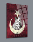 Bozkurt Ayyıldız 3 Cam Tablo featuring a wolf and crescent moon design, high-quality tempered glass art.