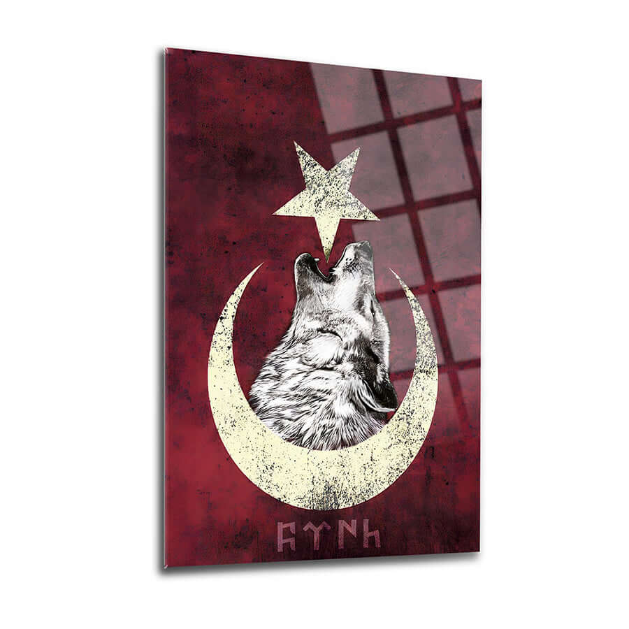 Bozkurt Ayyıldız 3 Cam Tablo featuring a wolf howling at a star on a red background, high-quality tempered glass.