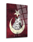Bozkurt Ayyıldız 3 Cam Tablo featuring a wolf howling at a star on a red background, high-quality tempered glass.