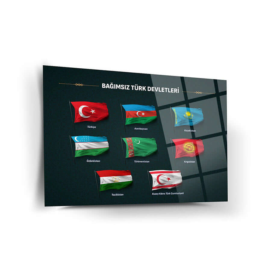 Bağımsız Türk Devletleri cam tablosu, 8 farklı Türk bayrağı ile şık tasarım.