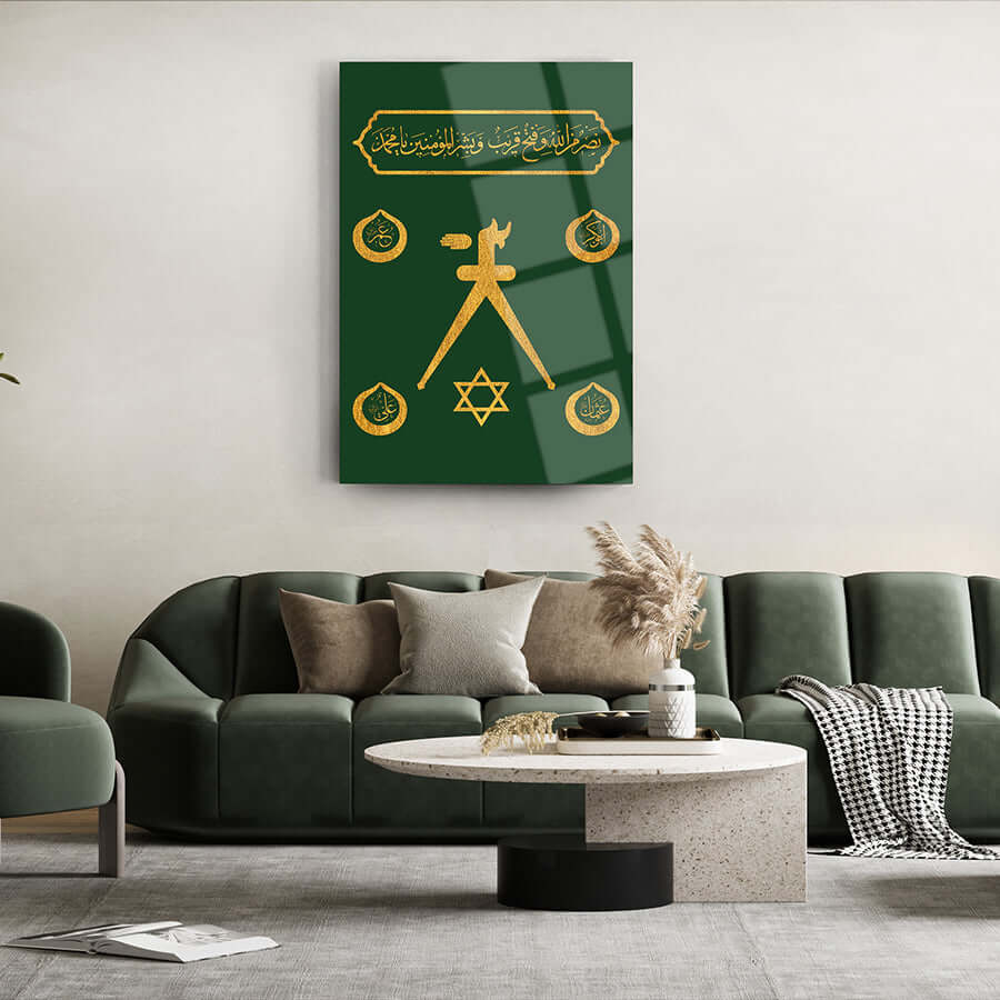 Elegant Barbaros Hayrettin Paşa Sancağı Cam Tablo on wall, showcasing gold designs and symbols against a green background.