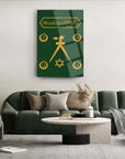 Elegant Barbaros Hayrettin Paşa Sancağı Cam Tablo on wall, showcasing gold designs and symbols against a green background.