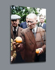 Atatürk holding oranges at Mersin Orange Garden in 1937, captured in high-quality glass wall art.