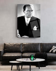 Atatürk 160 Cam Tablo showcasing a black and white portrait on a modern living room wall with stylish furniture.