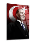 Atatürk 162 Cam Tablo with Turkish flag overlay, showcasing high-quality UV printing on durable glass.