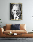 Elegant Atatürk glass wall art in a modern living room setting, showcasing high-quality craftsmanship and design.