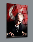 Atatürk 168 Cam Tablo with Turkish flag background, showcasing a unique UV-printed glass art piece.