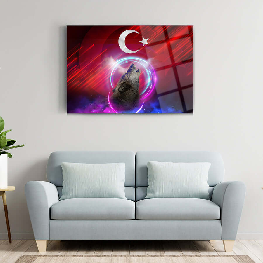 Bozkurt Ayyıldız 4 Cam Tablo, modern tasarım, Türk bayrağı ve kurt simgesi, yüksek kaliteli cam, şık dekorasyon.