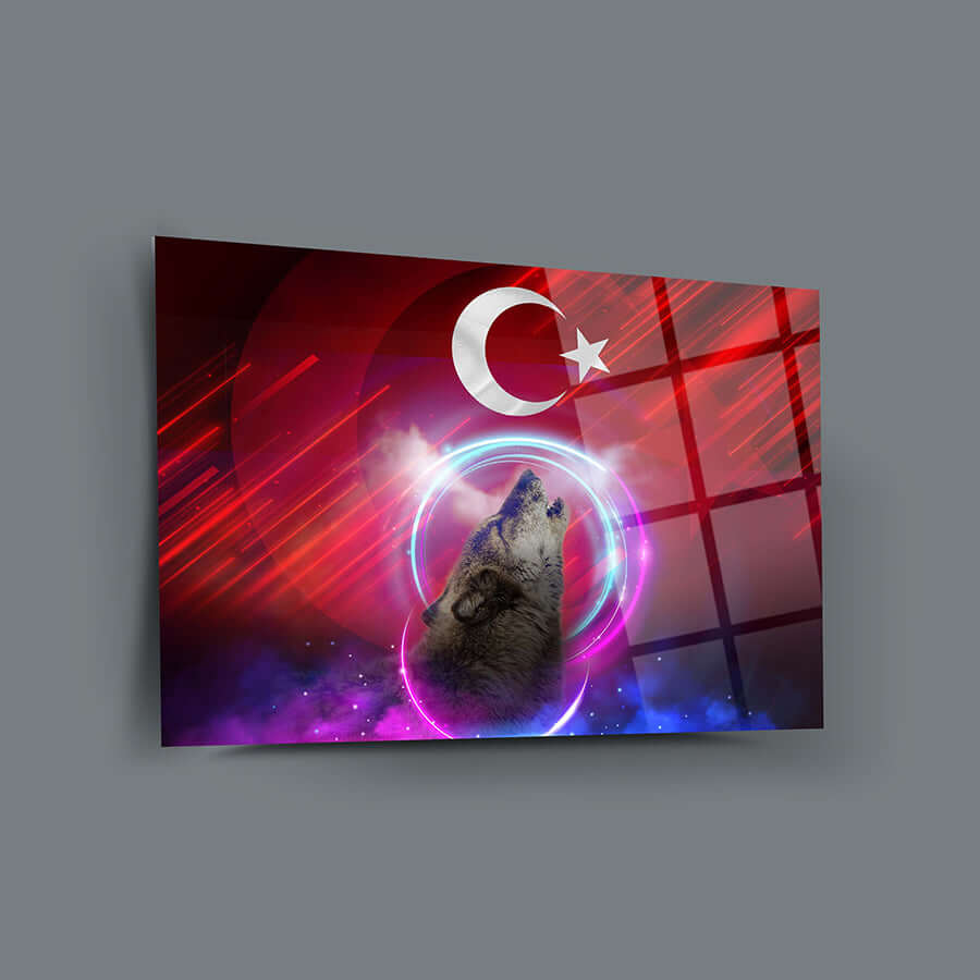 Bozkurt Ayyıldız 4 Cam Tablo with wolf image and Turkish flag design, featuring vibrant colors and UV printing.