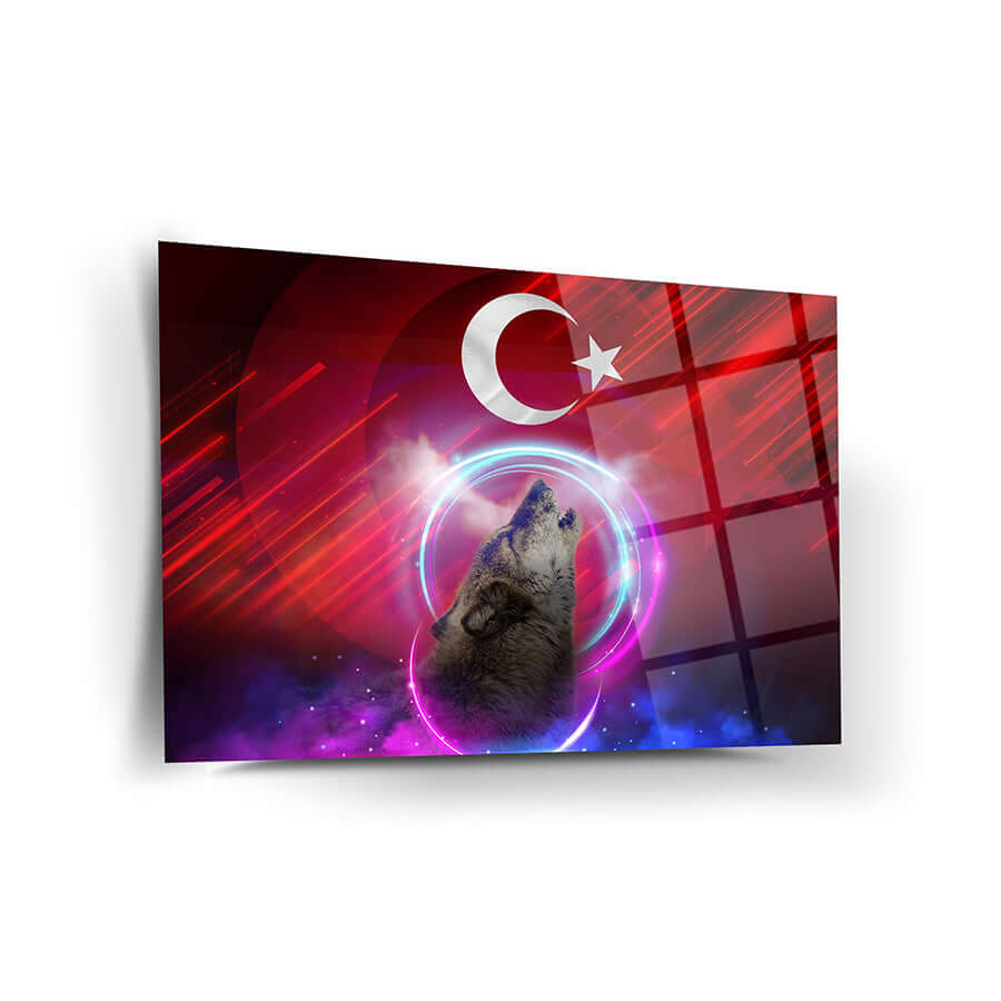 Bozkurt Ayyıldız 4 Cam Tablo featuring a wolf illustration with Turkish flag background, vibrant colors and UV print.