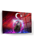 Bozkurt Ayyıldız 4 Cam Tablo featuring a wolf illustration with Turkish flag background, vibrant colors and UV print.